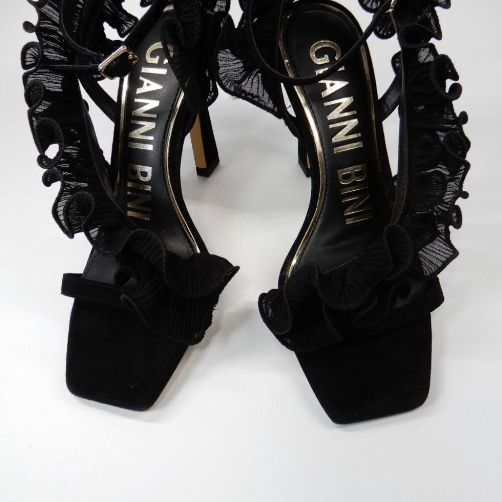 Gianni Bini Franz Sandals High Heels Size 6 Black Suede Chiffon Ruffle NEW - Picture 7 of 15